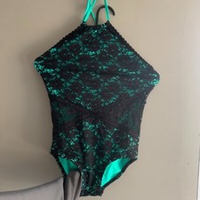 Sadie Jane leotard-teal undercoat with black lace on top- halter top-adult small