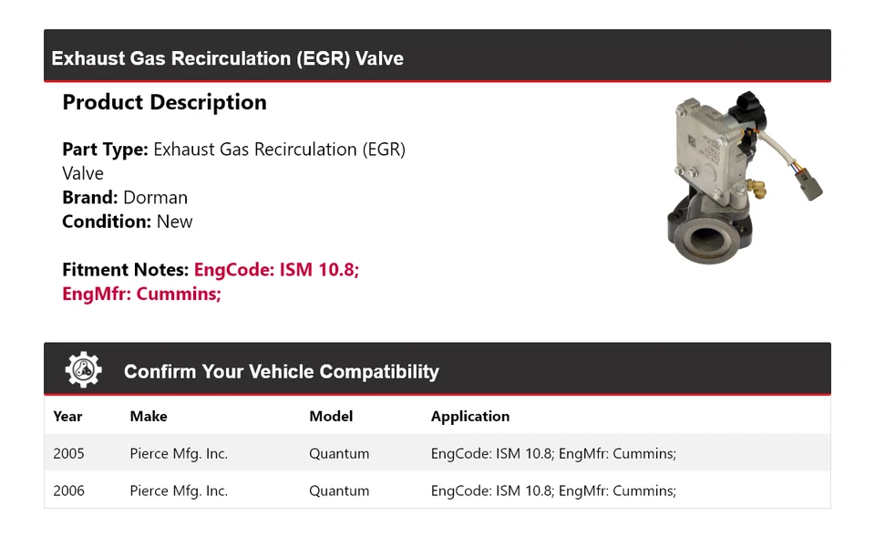 Para Pierce Mfg 2005-2006 Válvula Inc. Quantum Dorman EGR Foto 2 de 4
