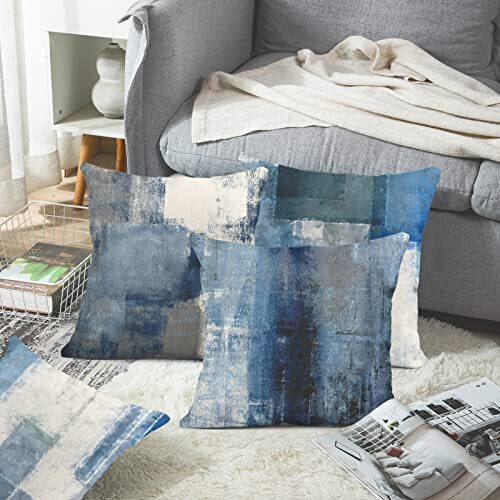 Emvency Set Of 4 Linen Throw Pillow Covers - 18x18 Inch, Blue Grey White Art Print - View #7