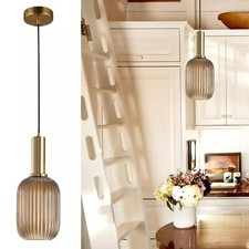 Pendant Light Fitting Ceiling Ribbed Glass Shade Modern Hanging Lamp Fixture E27