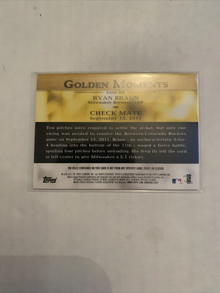 2012 Topps RYAN BRAUN Golden Moments JERSEY Brewers  - Image 2 of 2