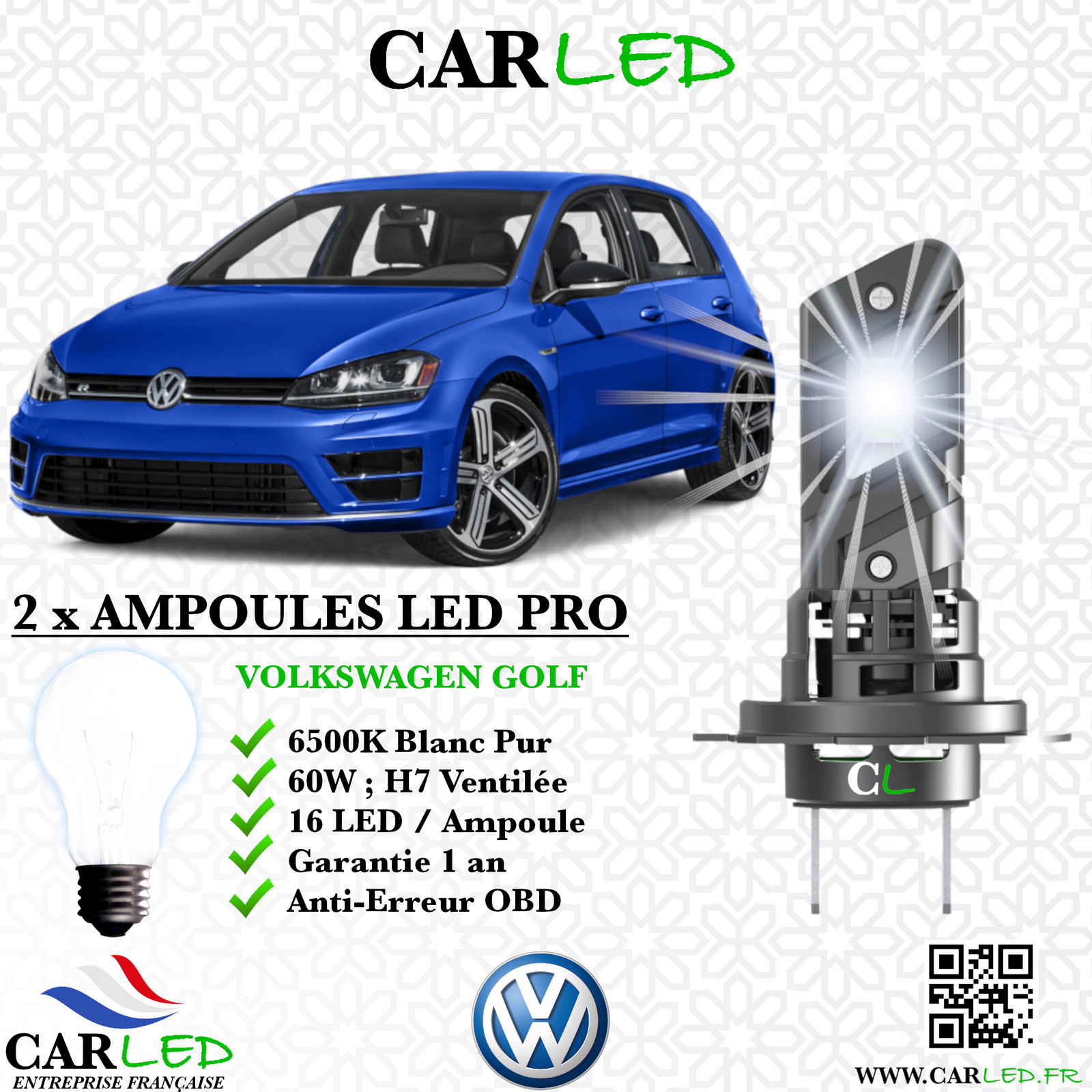 Kit ampoule LED Volkswagen Golf VII pour remplacer l'éclairage halogène jaune d'origine