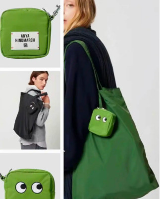 NEW UNIQLO x Anya Hindmarch Packable Green tote bag charm zippered case