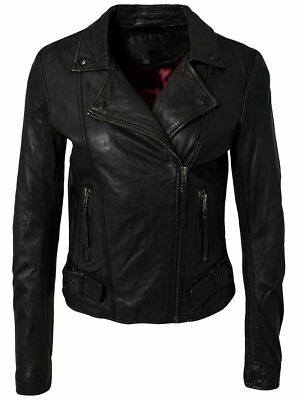 Leather Jacket Womens Motorcycle Real Lambskin Slim Fit Vintage Biker Coat Black
