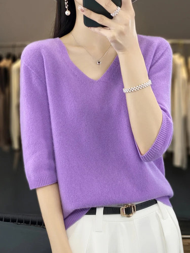 Women V-Neck T-shirt Half-Sleeve Pullover Sweater Spring Knitwear Fashion Tops - Picture 19 of 32