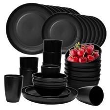 32Pcs Plates and Bowls Sets,Lightweight Plastic Dishes Set for Black