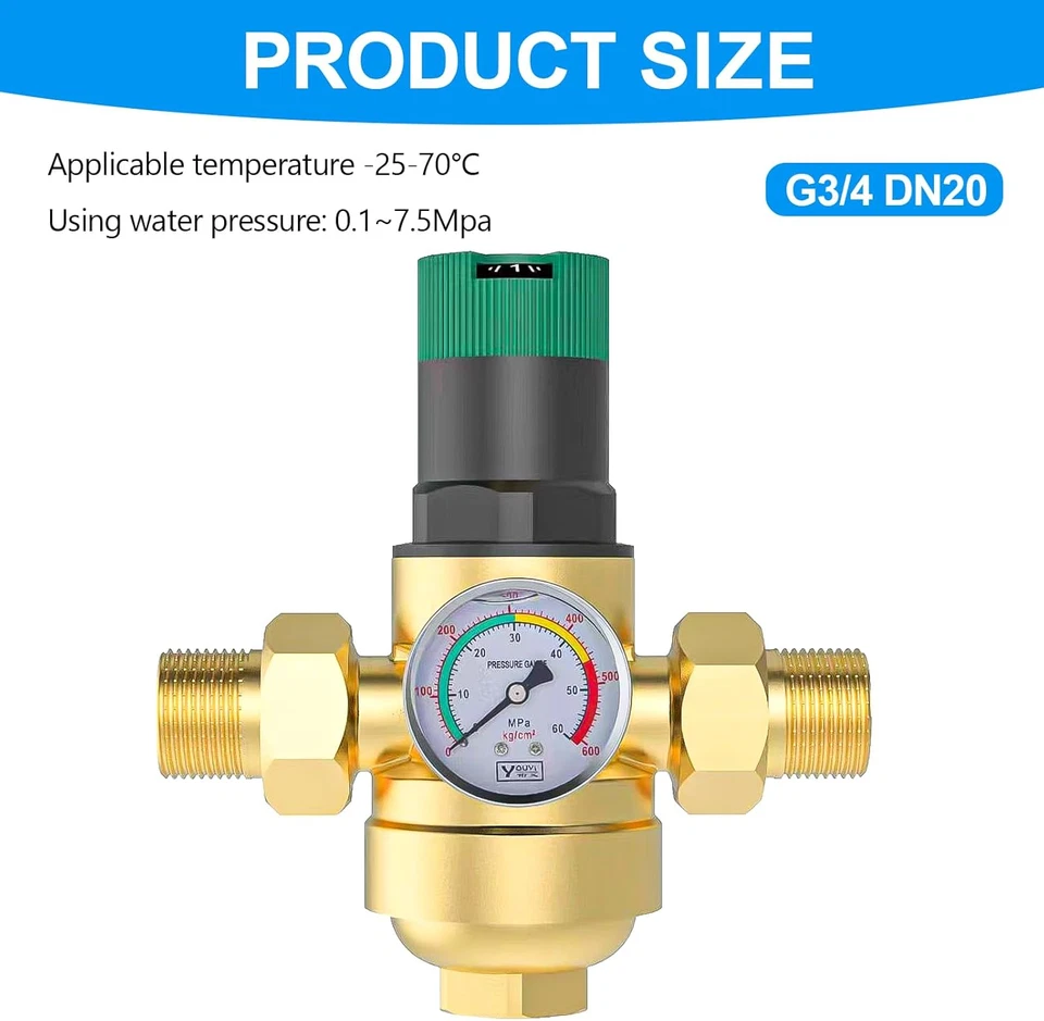 Riduttore Di Pressione Acqua 3/4 Pollici, Regolatore in Ottone - Immagine 2 di 4