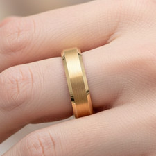 Brushed Center 6mm Yellow Gold Tungsten Wedding Band with Polished Beveled Edge