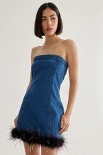 Nastygal Womens Mini Dress Blue Short Sleeveless Party Feather Denim