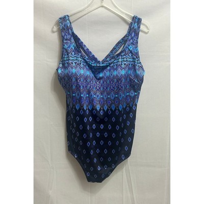 NWOT Catherines Blue Geometric Diamond One Piece Swimsuit 22W V-Neck Cross Back