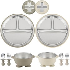 8PCS Baby Feeding Set Stainless Steel Suction Plates and Bowls with Silicon...