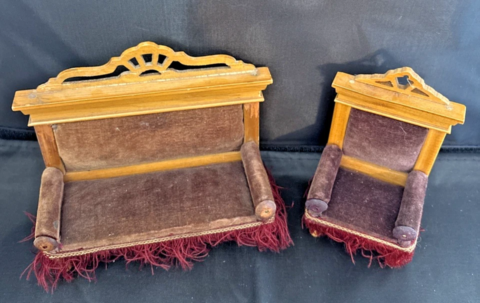 Antique German Schneegas Walterhausen Sofa & Arm Chair Dollhouse Miniature Set - Image 3 of 4