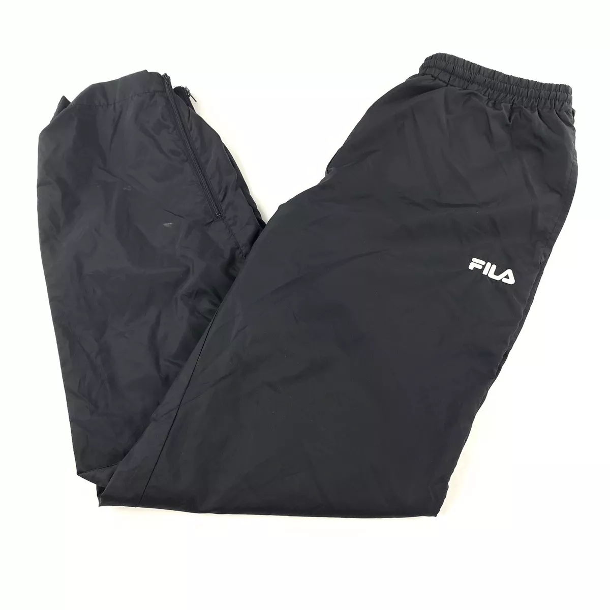 Fila Track Pants Large Embroidered Hip Spellout Black Mens Large Ankle Zip