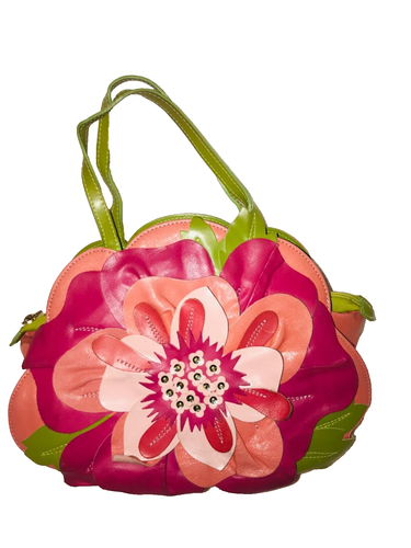 Braccialini Flower Appliqué Leather Top Handle Satchel Colored Handbag Vtg - Picture 6 of 16