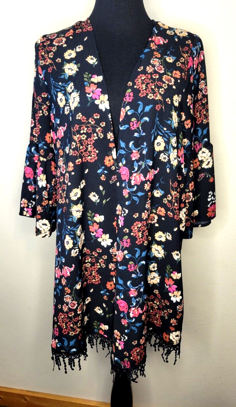 Time and Tru Womens Floral Fringed Kimono One Size Fits Most Large