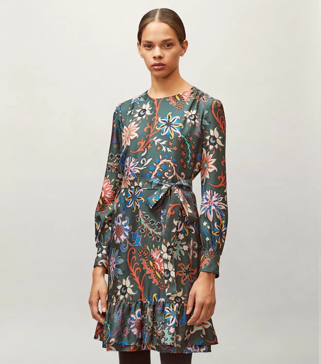 Abito TORY BURCH Stampa floreale verde seta stratificata orlo 8 M (SENZA CINTURA)