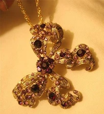 Gorgeous Openwork Furled Ribboned Bow Purple Rhinestone Pendant Necklace Brooch