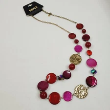 Mixit Gold Tone Pink Disc Hammered Metal Fashion Jewelry Necklace On Card