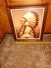 VINTAGE INDIAN CHIEF ORIGINAL KENNETH SU OIL PAINTING ON CANVAS 25x29 in -L188 K
