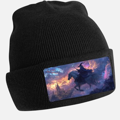 Black Beanie Hat with Cool Wizard Motif - Unisex Cap, Cotton