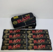 8 Packs RAW BLACK CLASSIC KING SIZE ROLLING PAPERS + METAL PRE-ROLL STORAGE TIN