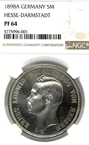 German States Hesse-Darmstadt 1898A 5 Mark Coin Thaler Taler NGC PF 64 PP/PROOF