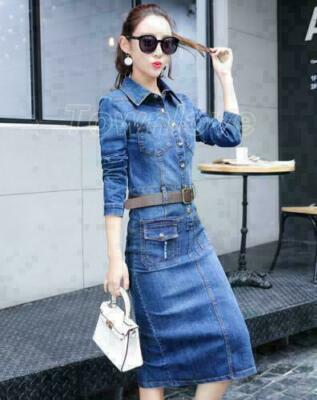 New Women Long Sleeve Slim Fit Denim Dress Chic Jeans Bodycon Shirt Dress  Casual | eBay