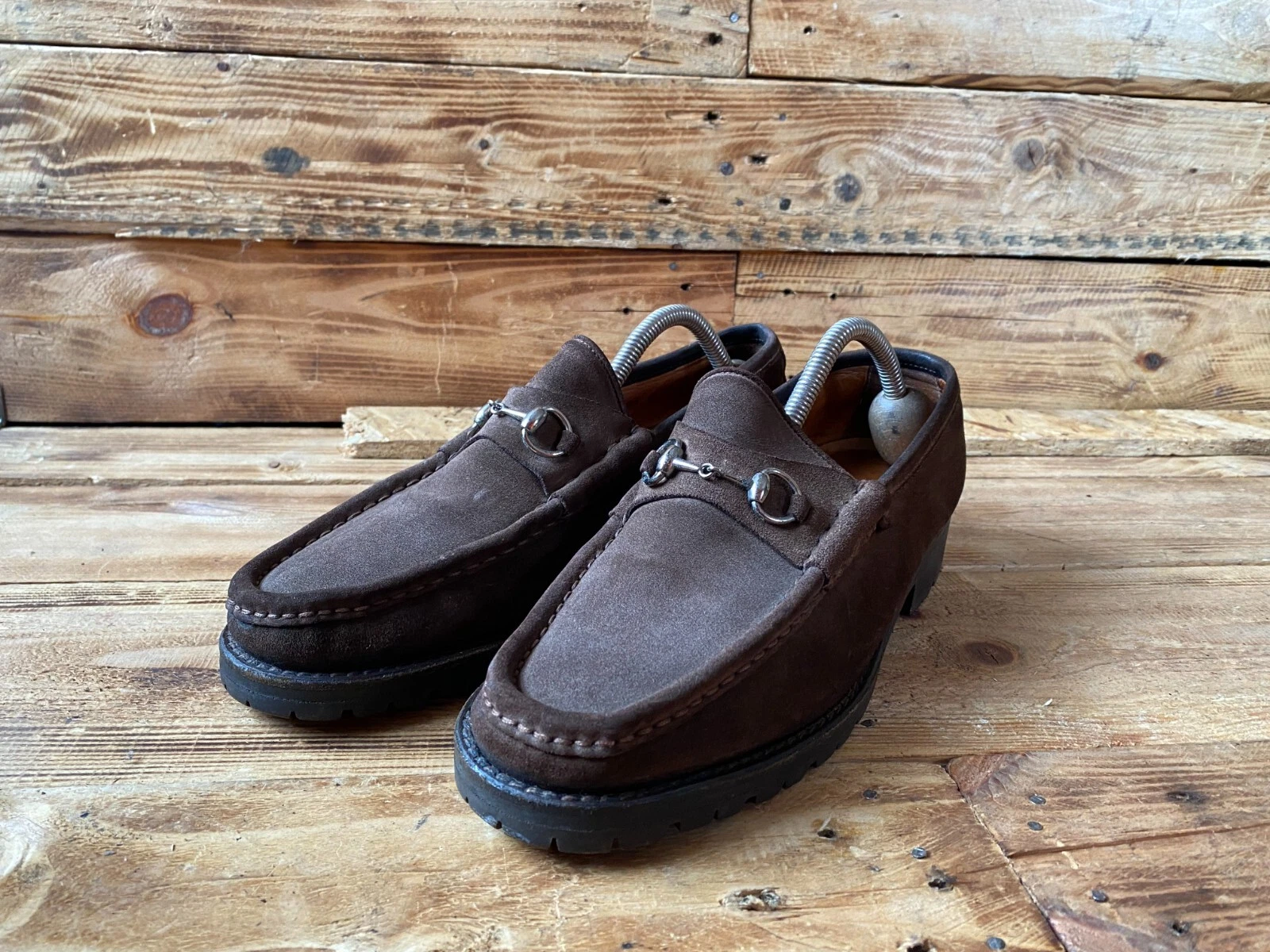 Gucci horsebit marron cuir daim lugz chaussures à semelle, VIntage taille 40 uk 6 us 7