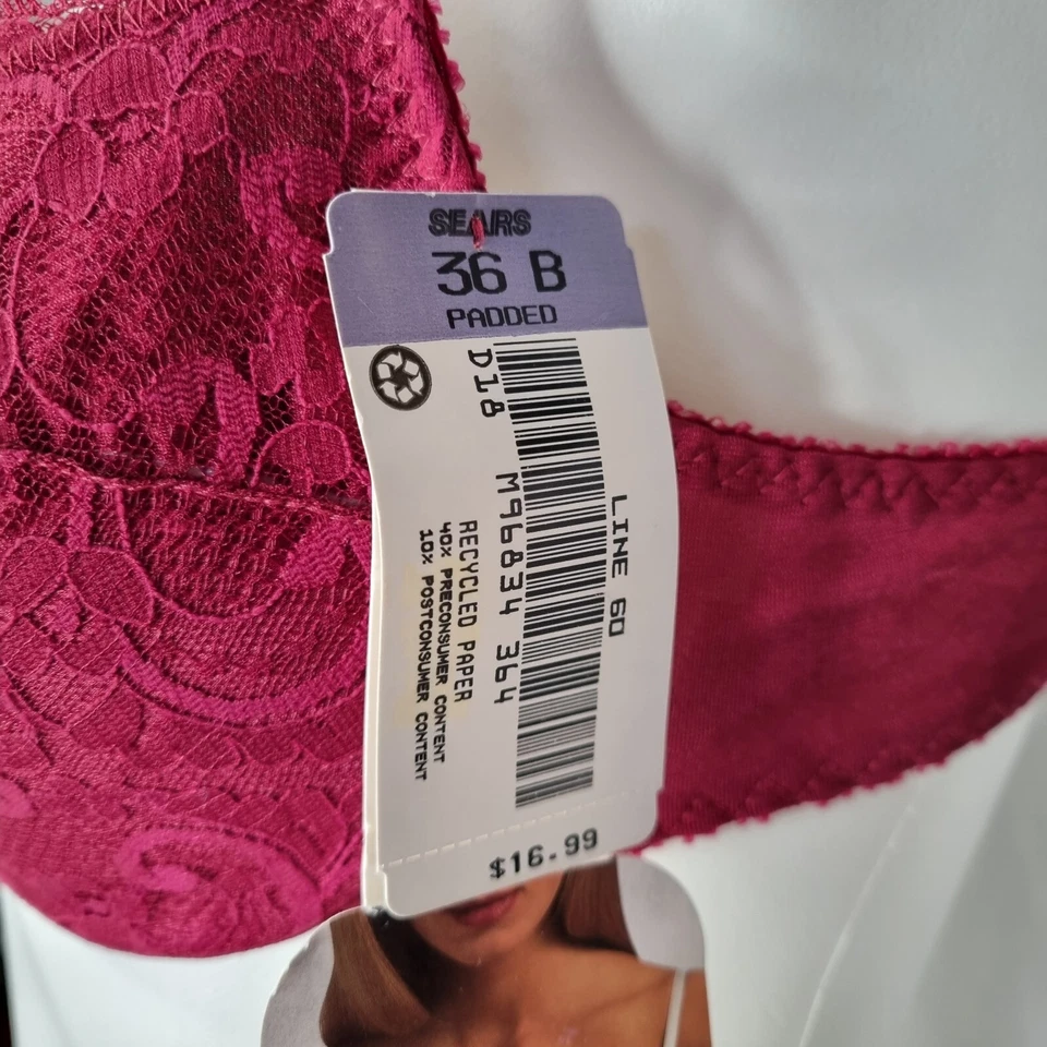 VTG New Sears Divine Bra Red Maroon  Padded Adjustable Lace Satin Nylon NWT 36 B - Image 3 of 4