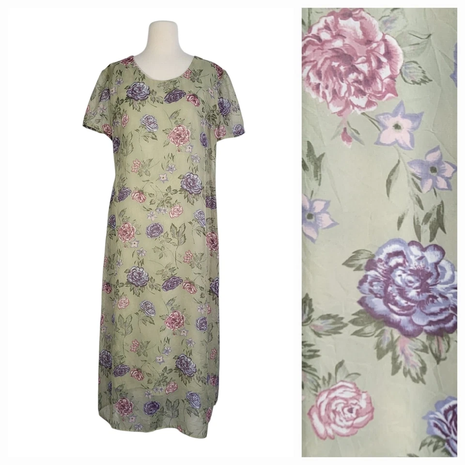 Vestido recto vintage Cottagecore 14 pequeño verde rosa inglesa floral jardín hada Foto 2 de 4