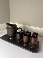Vtg Hand Turned Exotic Rustic Boho Wood Pitcher  6 Sake Goblet Set with Tray
