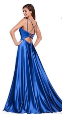 Ellie Wild Long Charmeuse Prom Royal Blue 20 Open Lace Up Back Spaghetti Straps