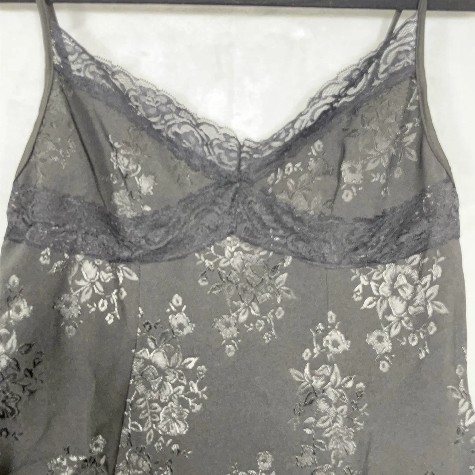 Y2K Babydoll Coquette Lace Trim Slip Mini Dress L Fairycore Black Foral Embossed - Image 2 of 4