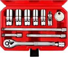 12Pc 3/8" Spark Plug Socket Set with 3/8" Drive Ratchet Wrench,3 Extension Bars
