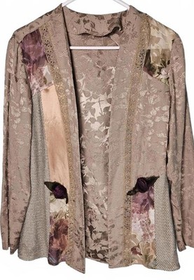 Vintage Taupe Jacquard Floral Blouse Jacket Funky Eclectic Art Teacher Chic Boho
