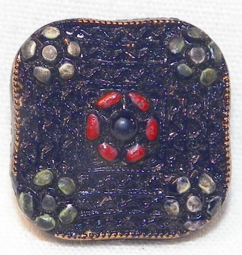 Navy Blue Glass Button Square Red Yellow Green Flowers Self Shank Vintage #23 - Image 3 of 4