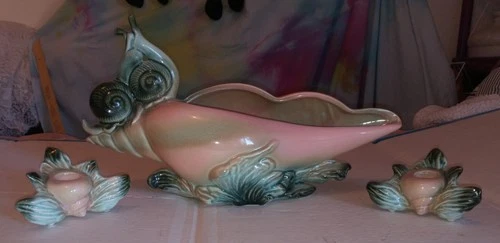 Vintage Hull Ebb Tide Conch Shell & Snails Console Bowl E-12  + Candleholders
