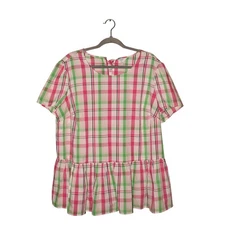 CROWN & IVY $50 Short Sleeve Pink Green Plaid Bow Back Peplum Blouse 3X