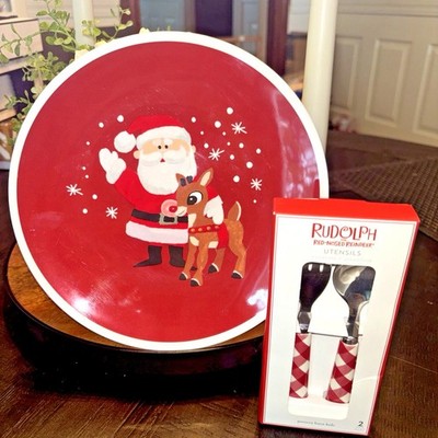 Pottery Barn holiday Rudolph Reindeer Santa Christmas PLATE+ UTENSIL party SET 2