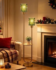 2-Lights Modern Glass Floor Lamp with Shelf Gold Standing Tall Lamps with Gre...