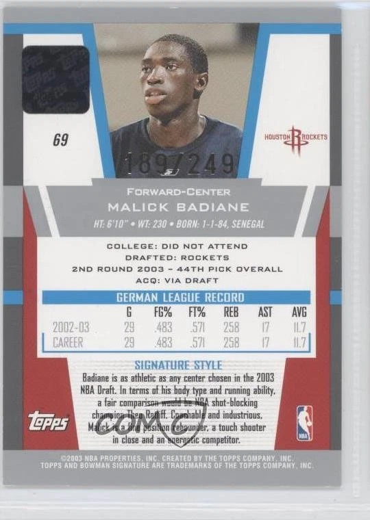 2003-04 Bowman Signature Silver /249 Malick Badiane #69 Rookie RC - Image 2 of 2
