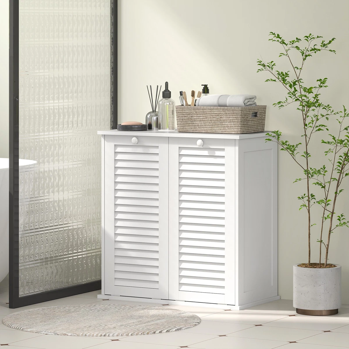 HOMCOM Wäscheschrank, Badschrank mit 2 Wäschekörben, Badezimmerschrank mit Griffen, Lamellentüren Wäschesammler Badmöbel für Badezimmer 70 x 38 x 73 cm Weiß