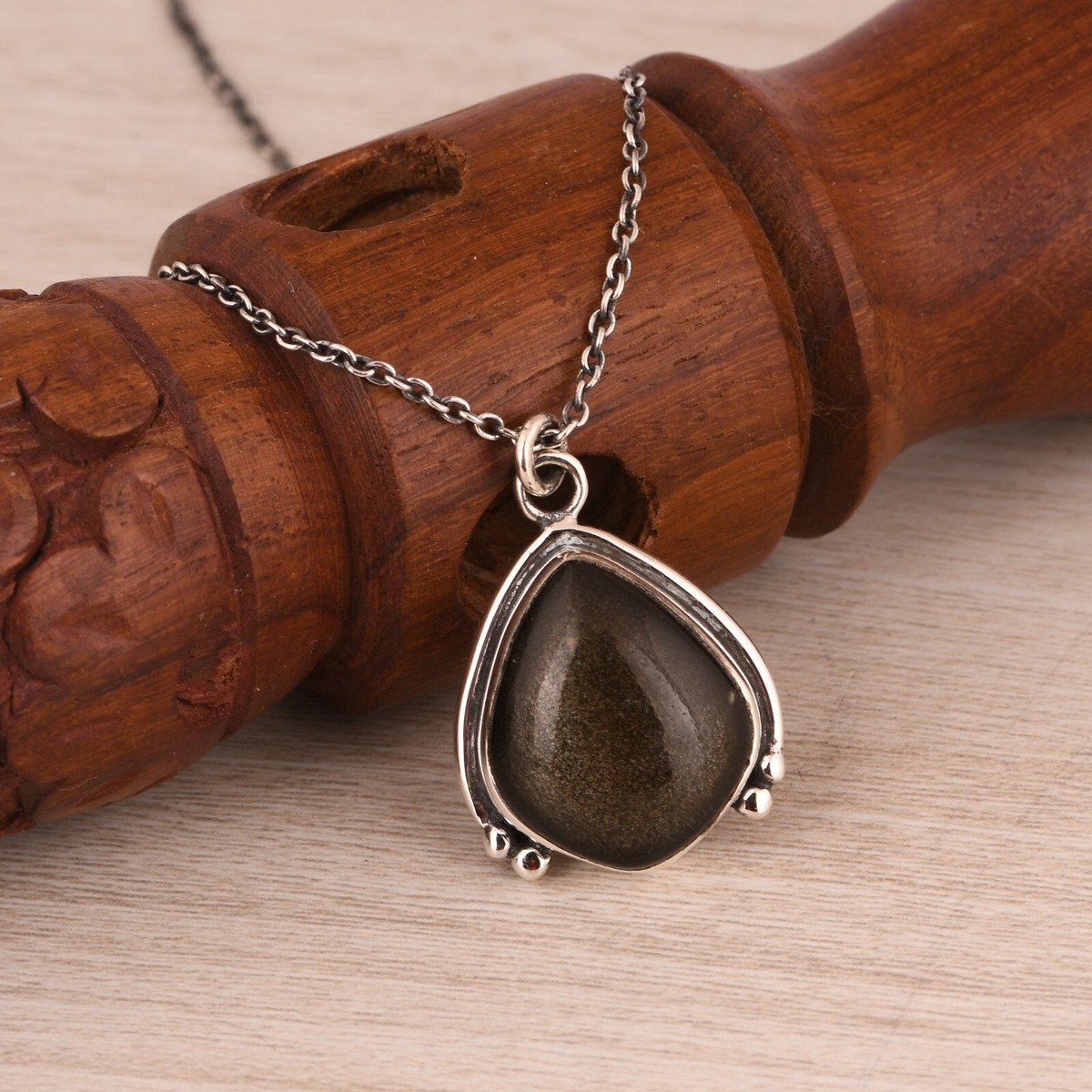 Natural Gold Sheen Obsidian Pendant Necklace 925 Sterling Silver