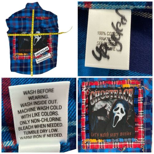 Upcycled Flannel Shirt Womens Large Shacket Ghostface Grunge Scary Movies Blue - Picture 4 of 19