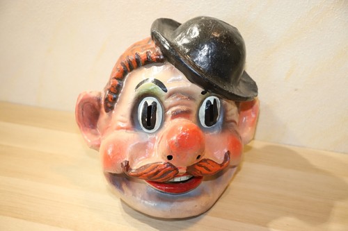 Alte Maske Faschingskopf Pappmaché, Clown, Mann mit Hut, Antik - Bild 7 von 8