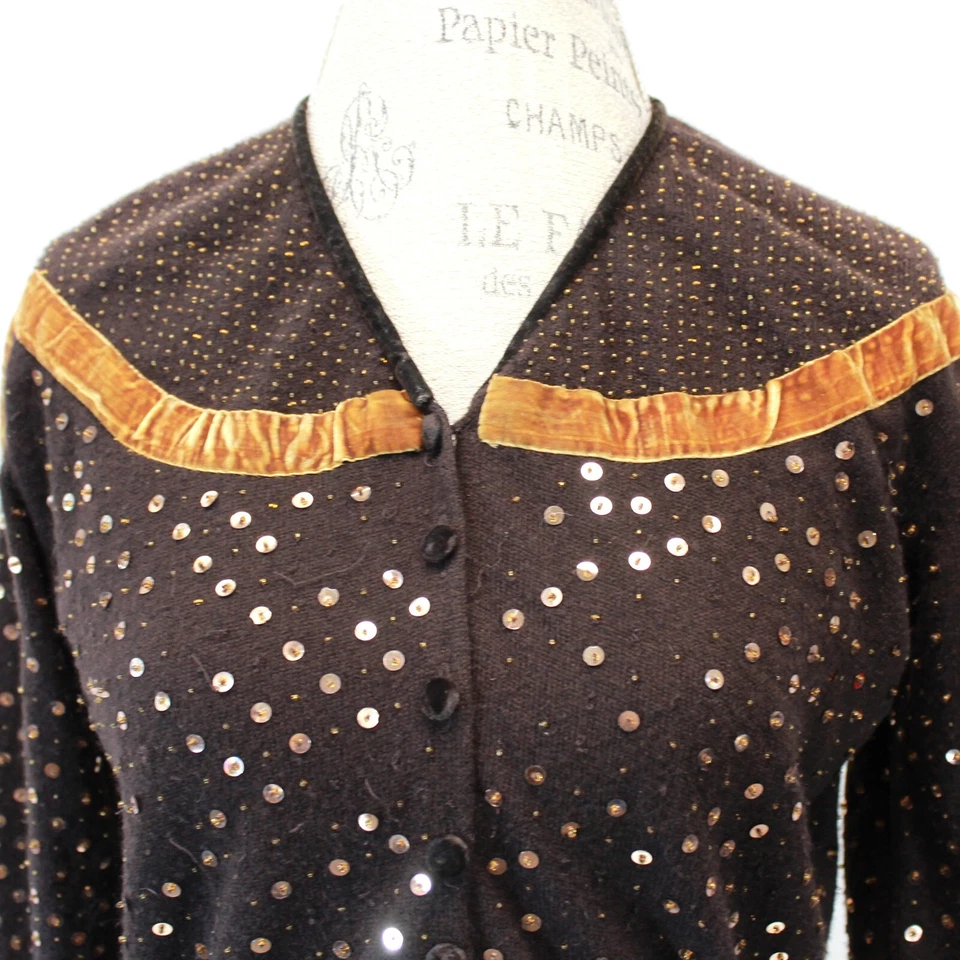 Cárdigan Suéter Top Sage Jewelry Marrón Lentejuelas 100% Cachemira Detalles S/M Foto 3 de 4