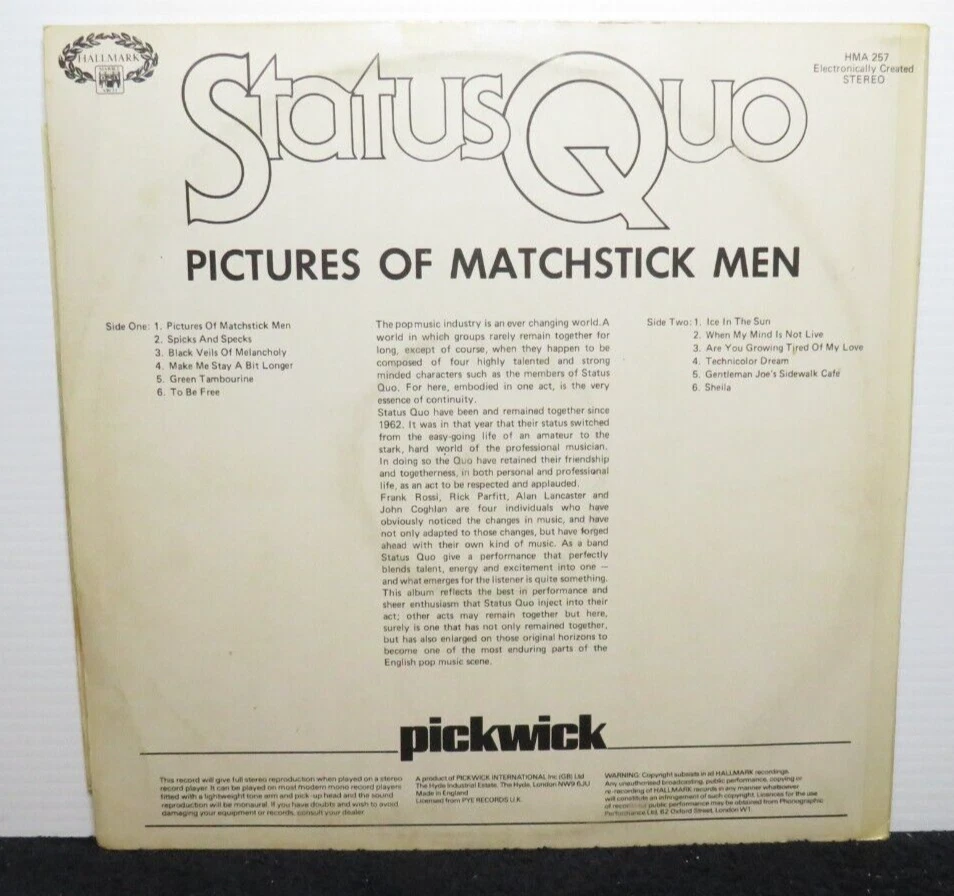STATUS QUO PICTURES OF MATCHSTICK MEN (VG+) HMA-257 UK LP VINYL RECORD Foto 2 de 4