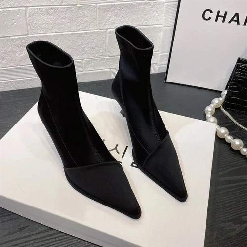 Women High Heels Satin Pointed Toe Autumn Short Boot Thin Heel Stretch Sock Boot - Imagen 5 de 16