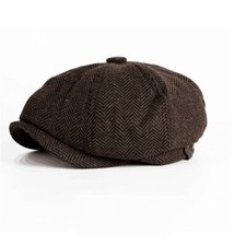 Brown Peaky Blinders Hat Newsboy Flat Cap Herringbone Tweed Wool Baker Boy