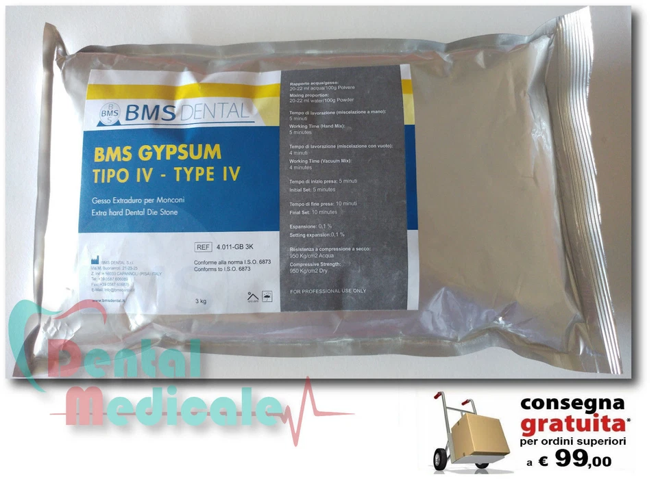 BMS DENTAL GESSO DENTALE TIPO IV EXTRA DURO BUSTA DA 3Kg PER MONCONI COLORE MARRONE DORATO